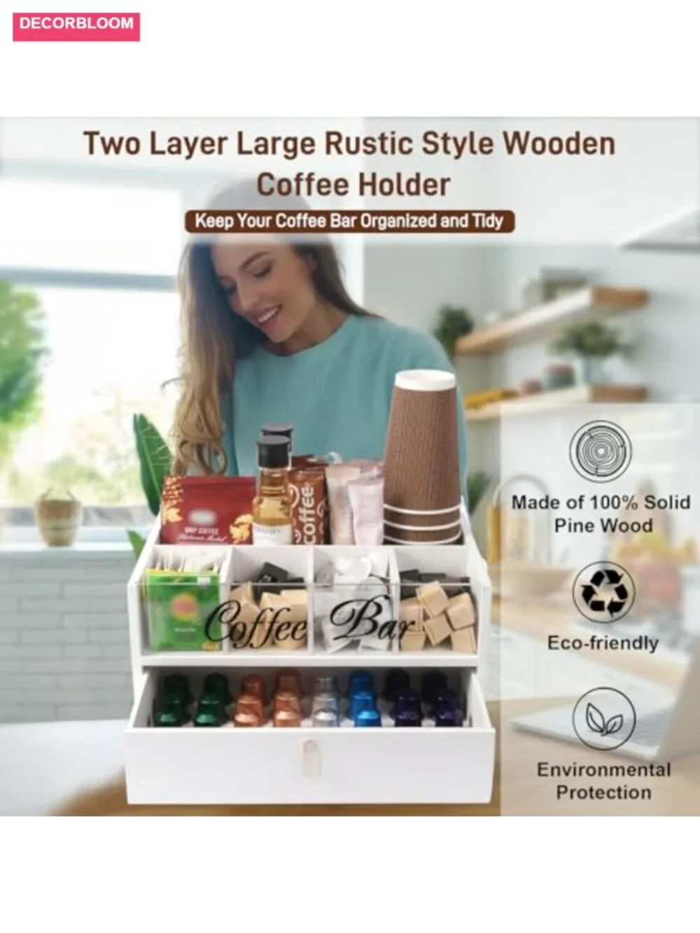 2-Tier Coffee Bar Organizer with Clear Acrylic Top, Built-in Drawer, Solid Wood